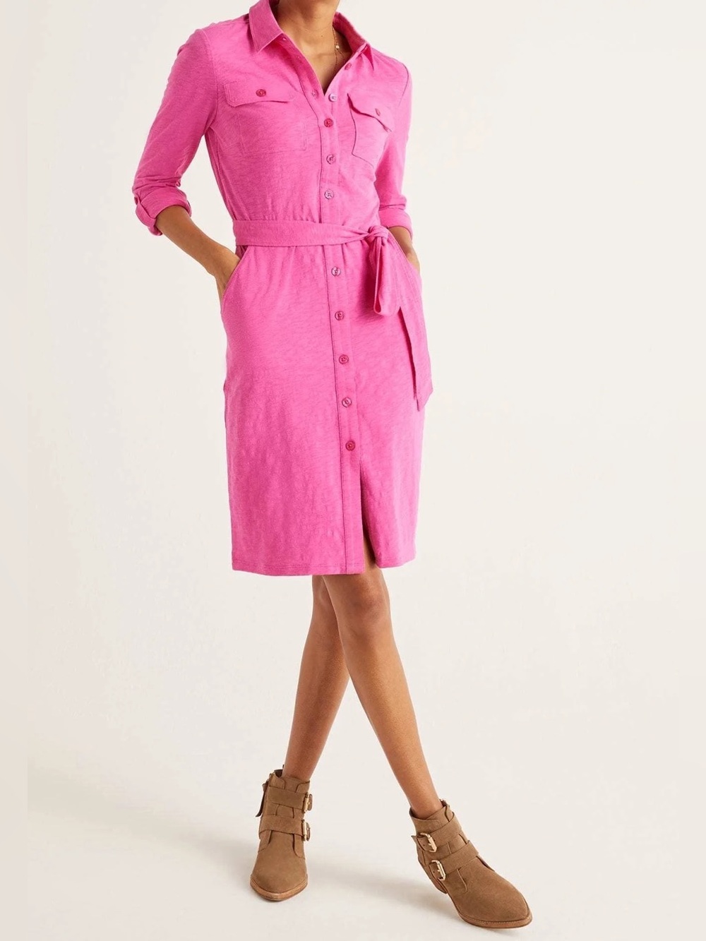 Boden Bright Pink Cotton Belted Shirt Dress Size US 14R / UK 18